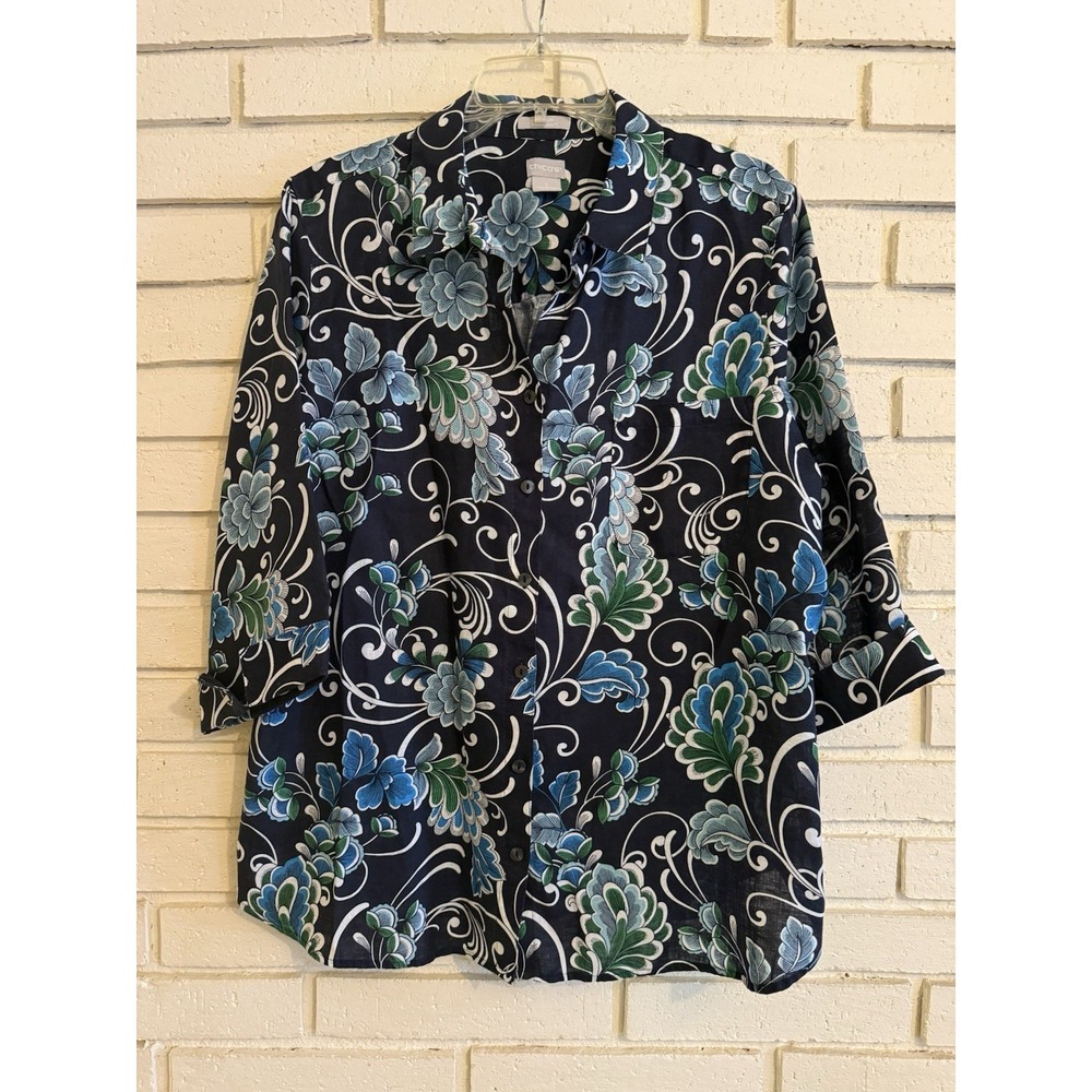 Chico's 3 Blue Green Floral Print 100% LINEN 3/4 Slv Buttons Down Women Shirt XL
